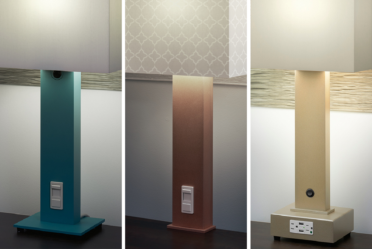 Three Serenity table lamps with freestanding base, fixed base, and charging base.