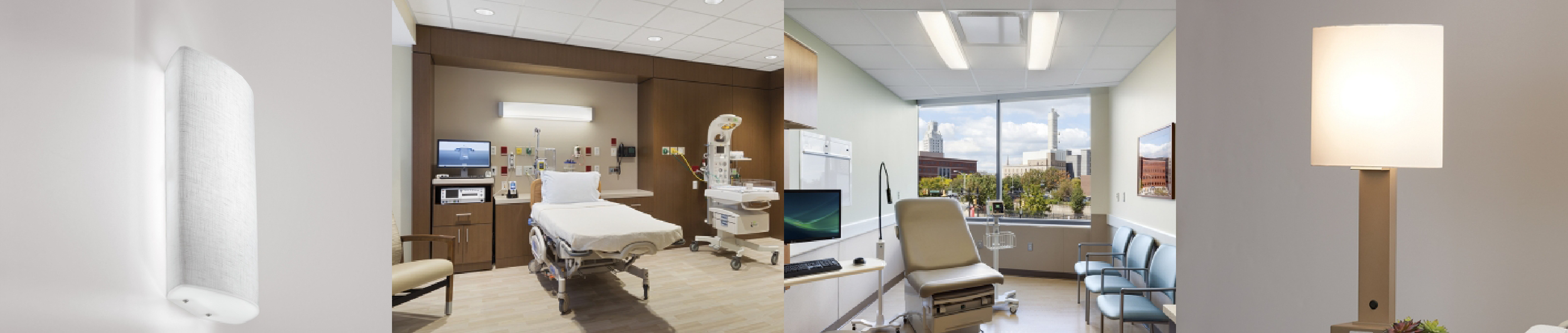 Healthcare patient room lit with sconce, headwall, overbed and table lamp