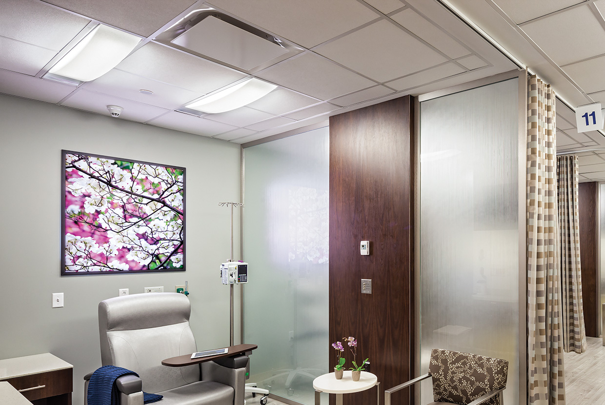 Unity lights are a cohesive family of headwall lights, overbed lights, table lamps, sconces, ceiling slots, and wall slots. Unity gives a relaxed, home-like atmosphere to patient rooms.