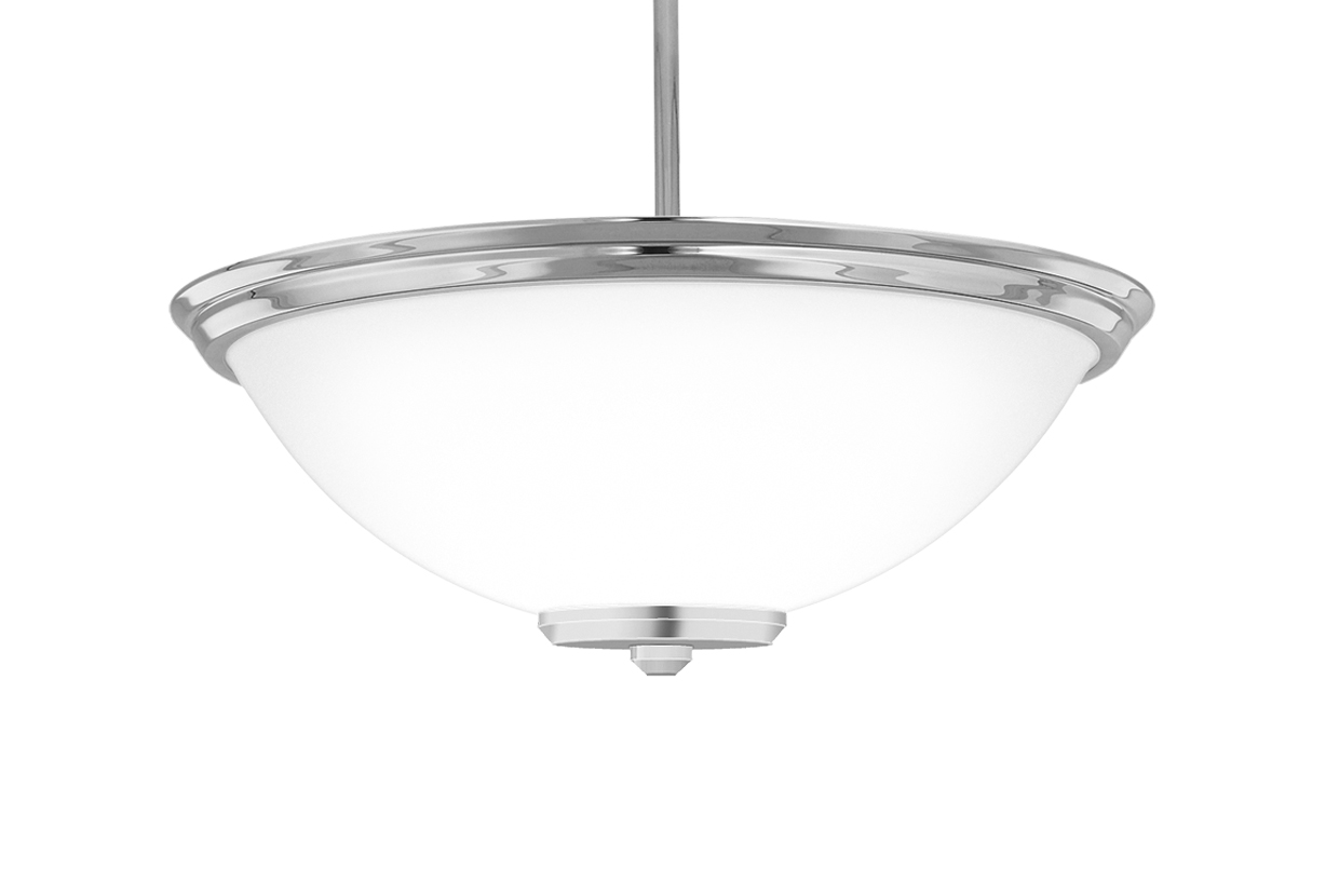 A large bowl pendant suspended with a stem mount and with a finial