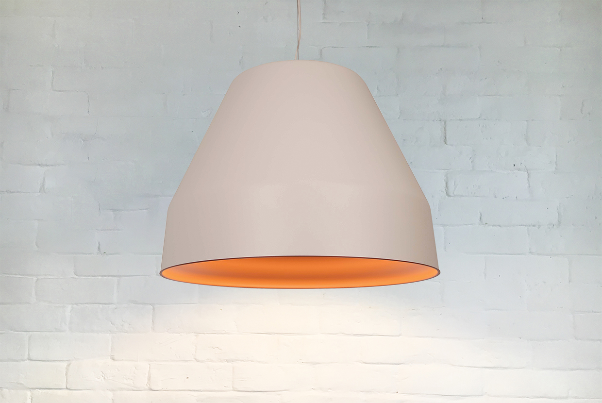 Terracotta and white tapered bell pendant with LED light. 