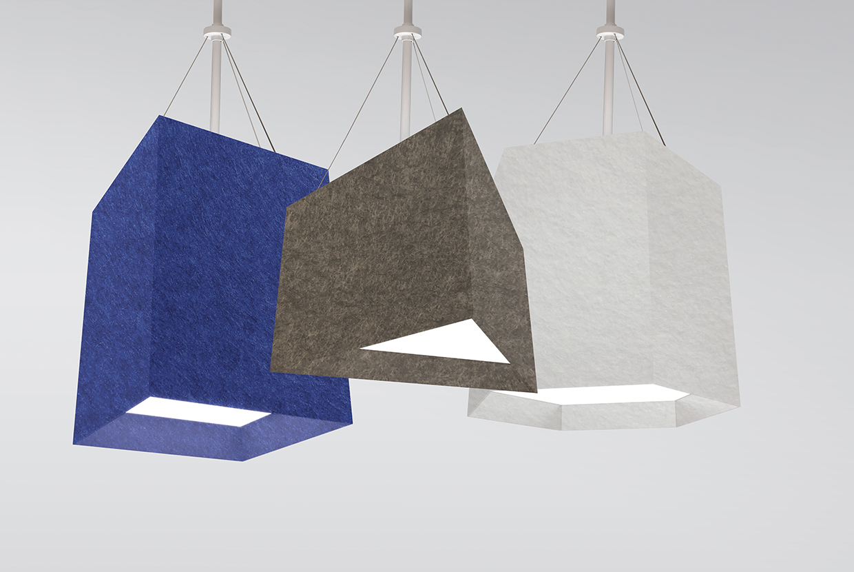 Three Celest large venue pendant lights in blue, grey, and white acoustic felt 