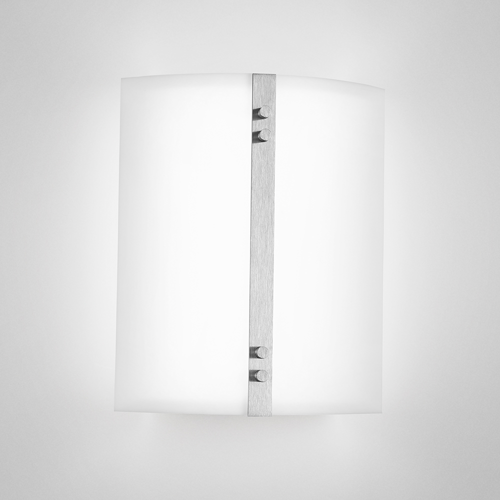 A small luminous wall sconce with a metal accent bar in the center