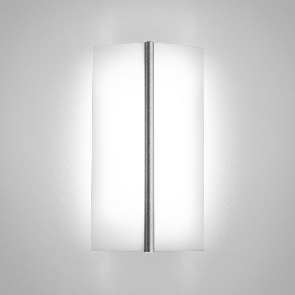A small luminous wall sconce with a metal accent bar in the center