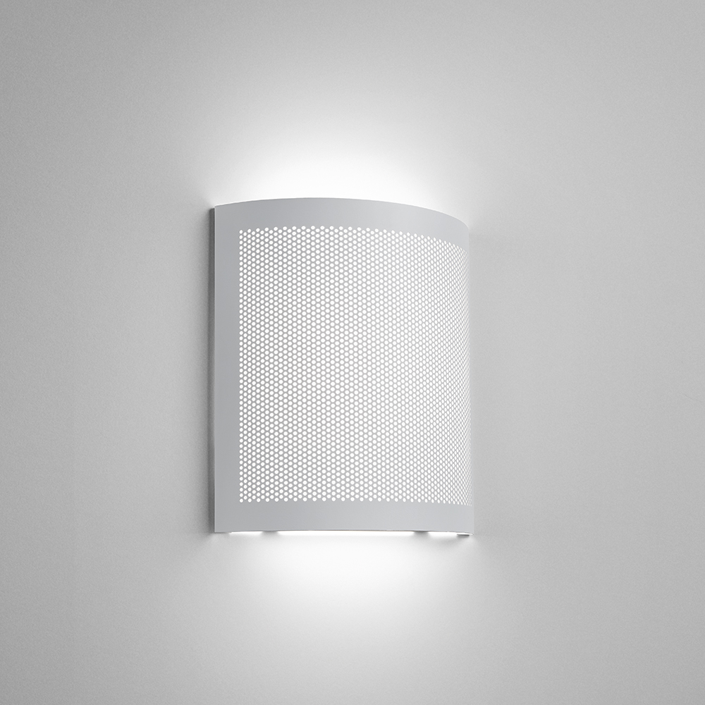 A square indirect wall sconce with a curved, perforated front plate