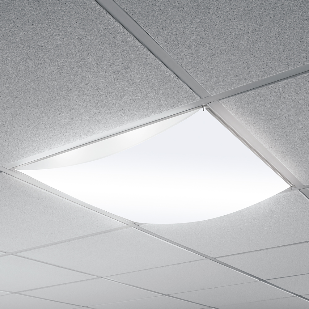 A 2x2 ceiling fixture with a curved fabric-like lens