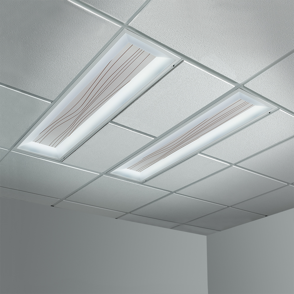 Two recessed ceiling luminaires mounted in tandem in a ceiling grid