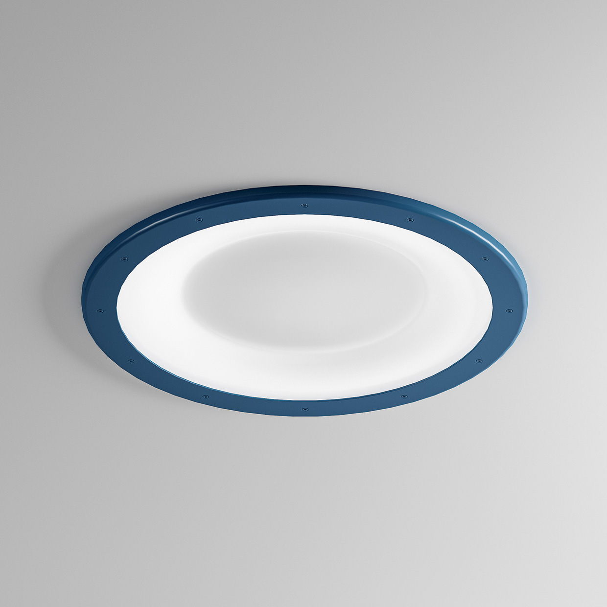 Round ceiling light for behavioral health facilities with polycarbonate lens and blue paint