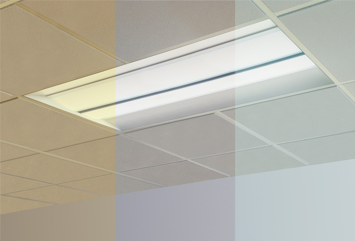 Hospital 2x4 ceiling troffer with tunable light for patient circadian lighting 
