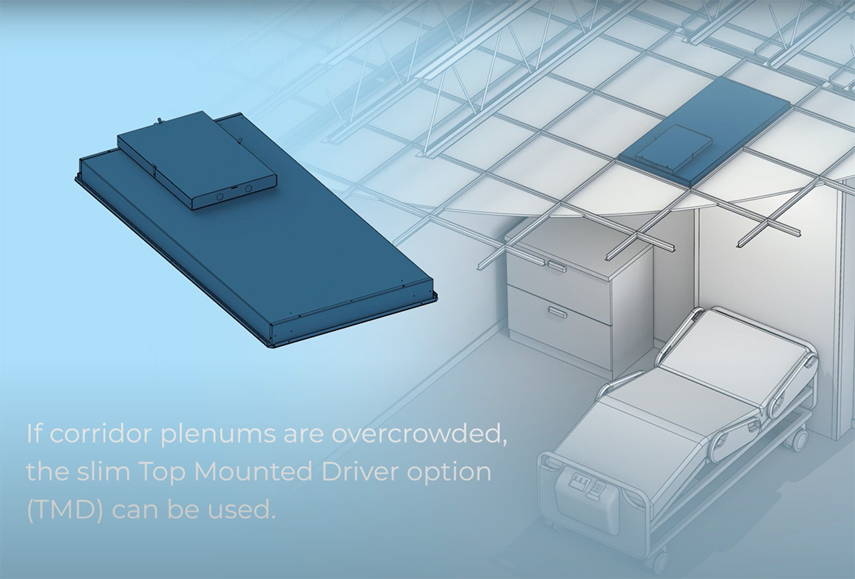 Rendering of patient room with information on overbed light driver position. 