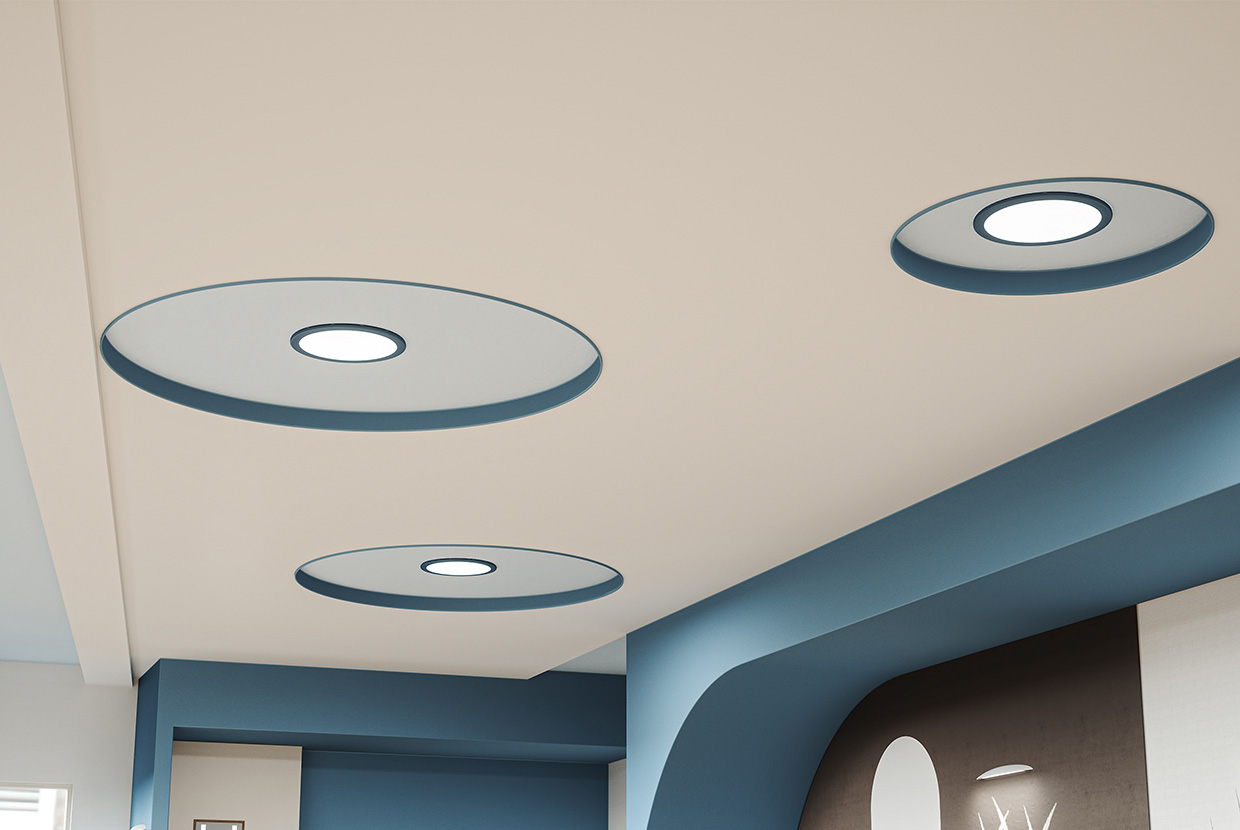 Three Symmetry ceiling lights in patent room of behavioral health facility