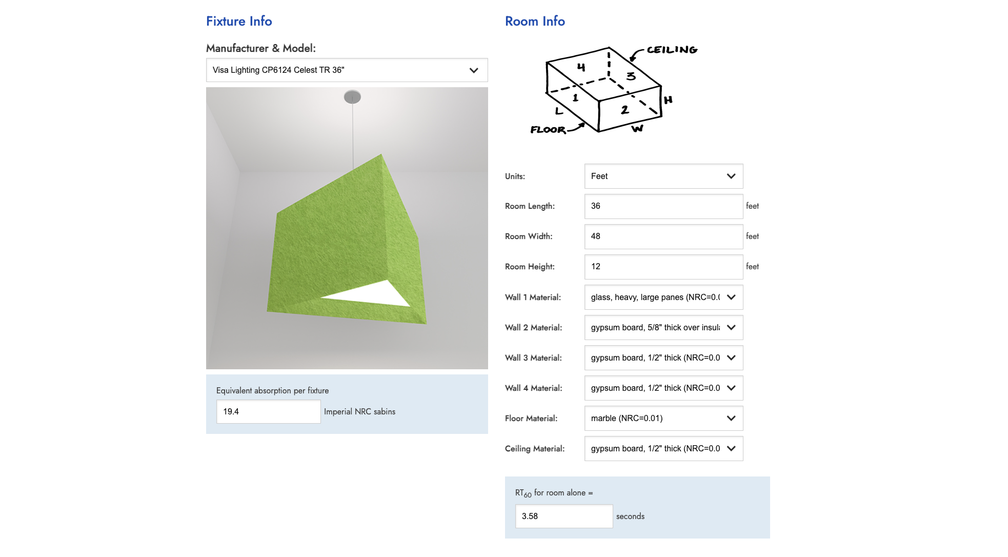 Acoustic Calculator for Celest pendnat light with acoustic felt