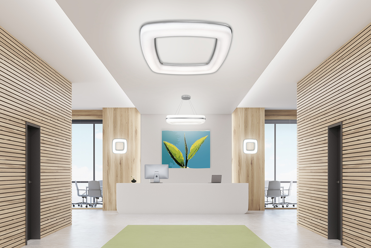 Square pendant light with coordinating ceiling and wall fixtures. 