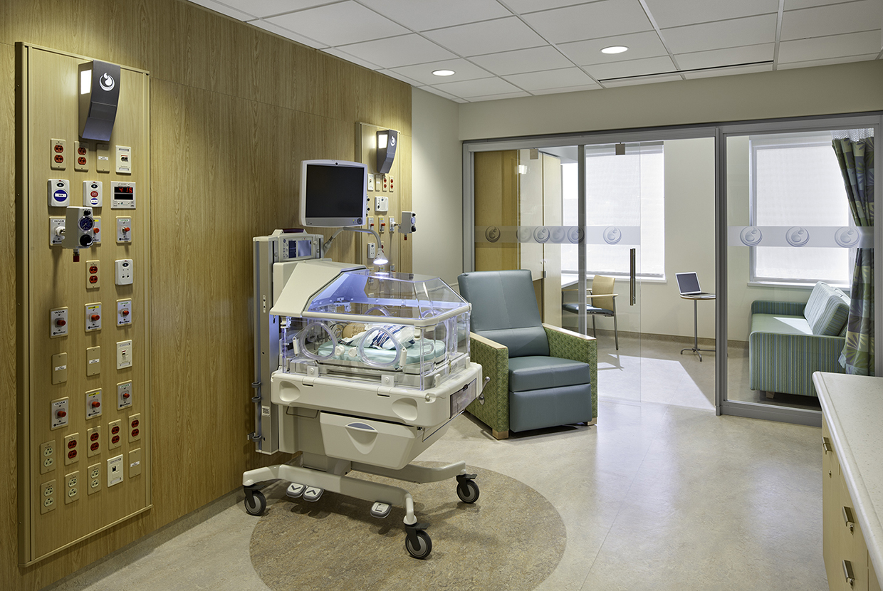 Cypress custom light fixtures in a healthcare facility, above a clean, modern NICU unit.