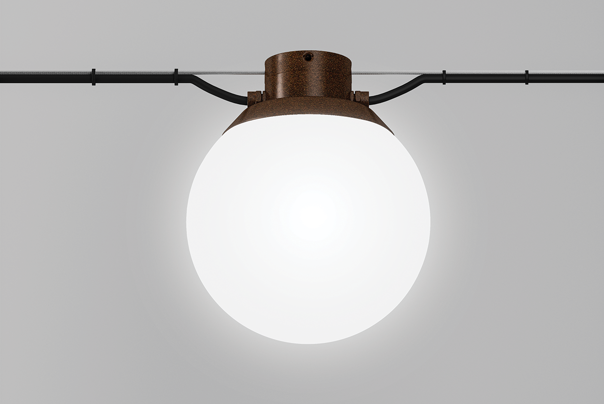 Catenary suspended globe pendant light with bronze accent cap