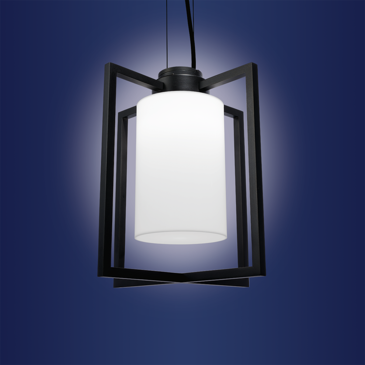Catenary hung outdoor pendant light with dark outside at night