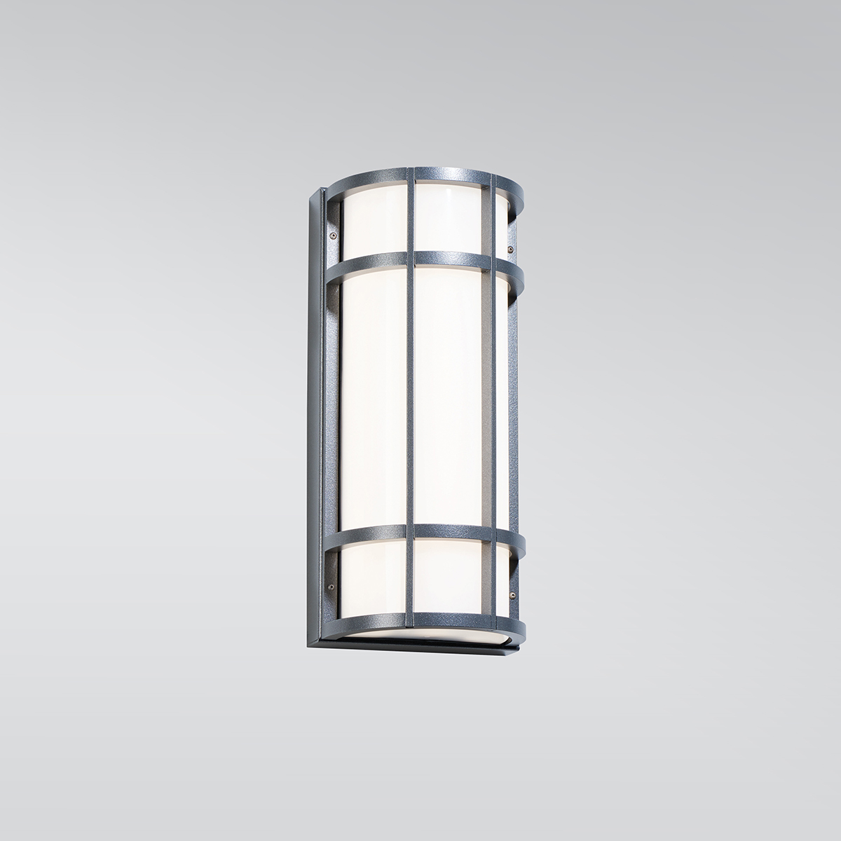 A rectangular outdoor wall sconce with cross bar accents