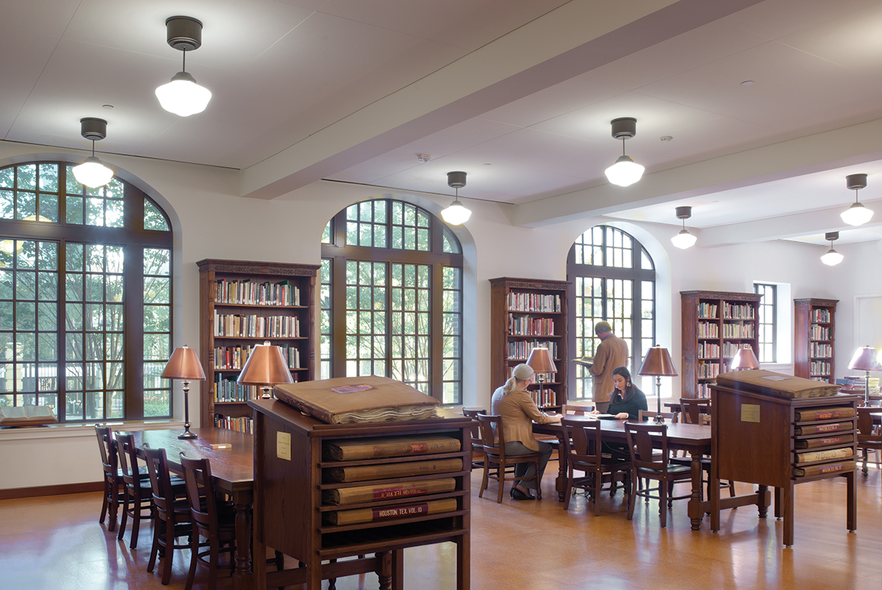 A classic school house style pendant in a library