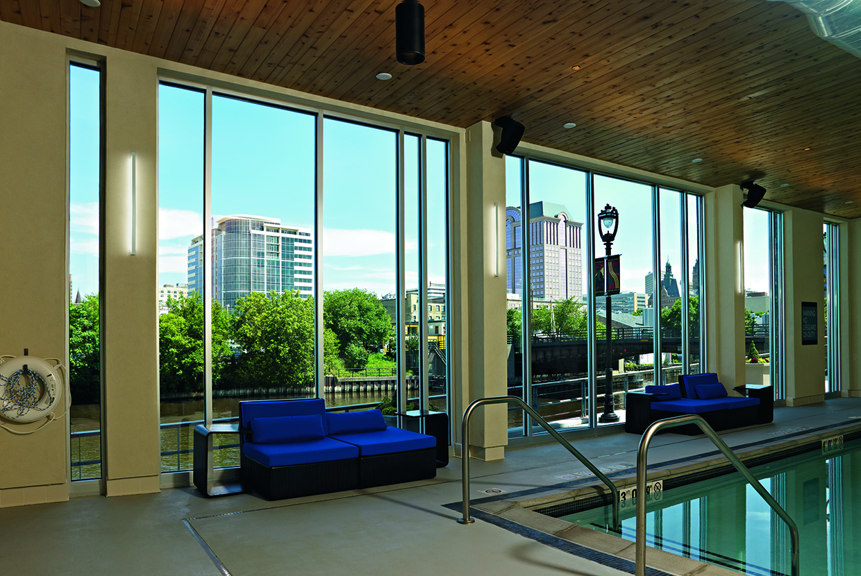 Sleight lights on wall in pool area