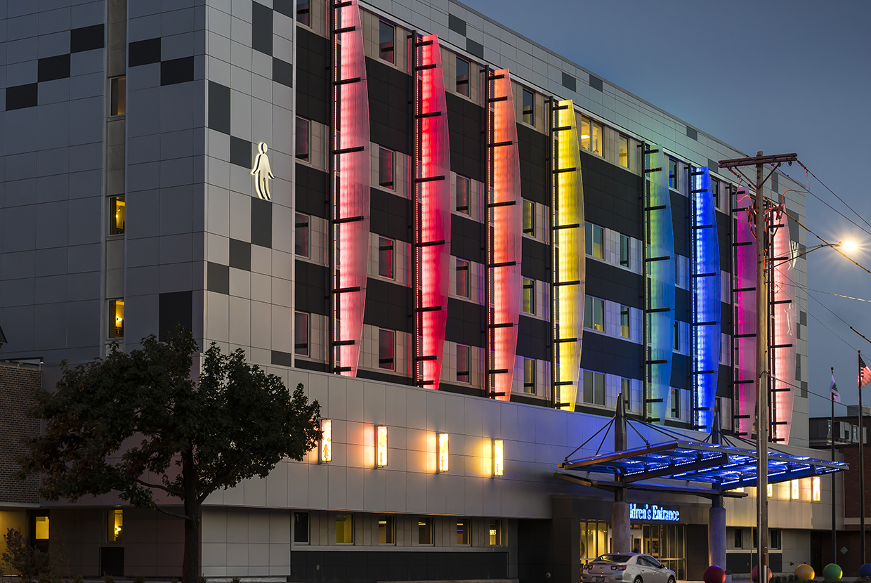 Air Foil sconces on the outside of a children's hospital