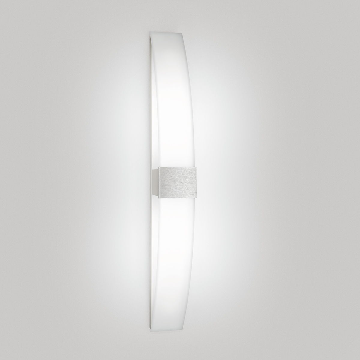 A long, curved wall sconce with a luminous body and a square accent in the middle