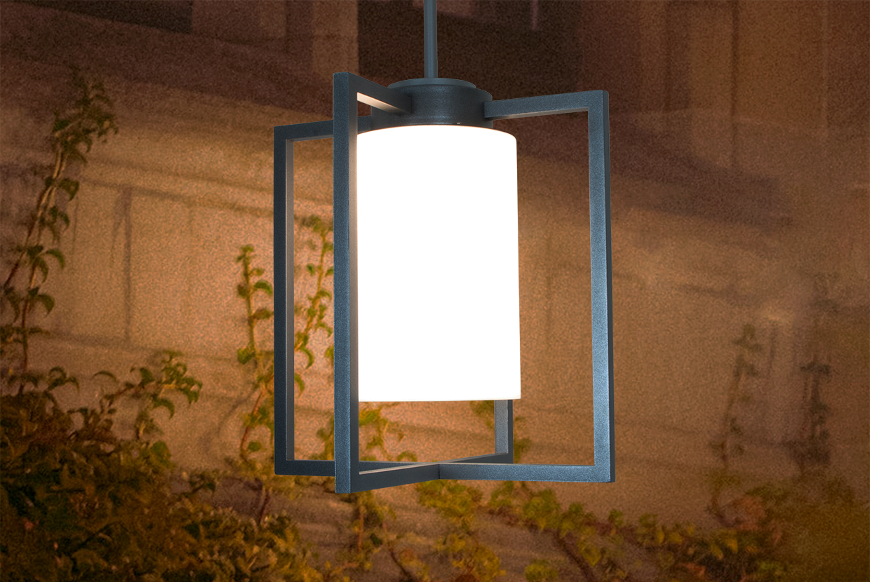 Unique outdoor pendant light lantern hung in garden with durable aluminum stem