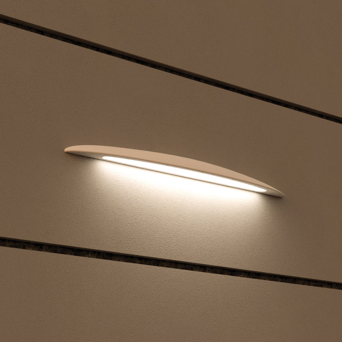 An outdoor wall sconce with a smooth, curved body