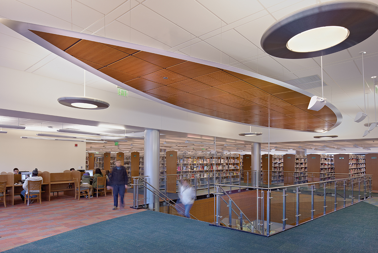 Aries pendants providing modern library lighting above a wide staircase as students study. 