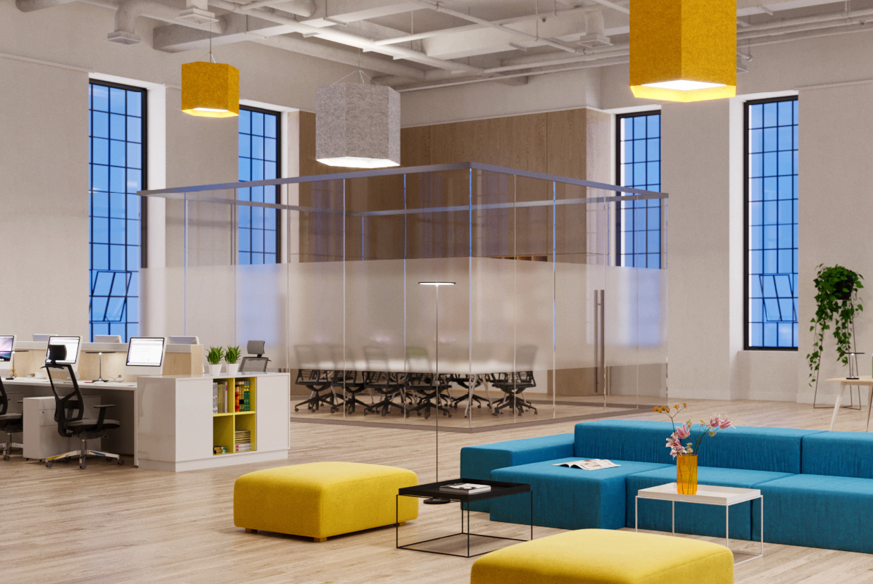 Yellow and white hexagon acoustic light fixtures hung in university library. 