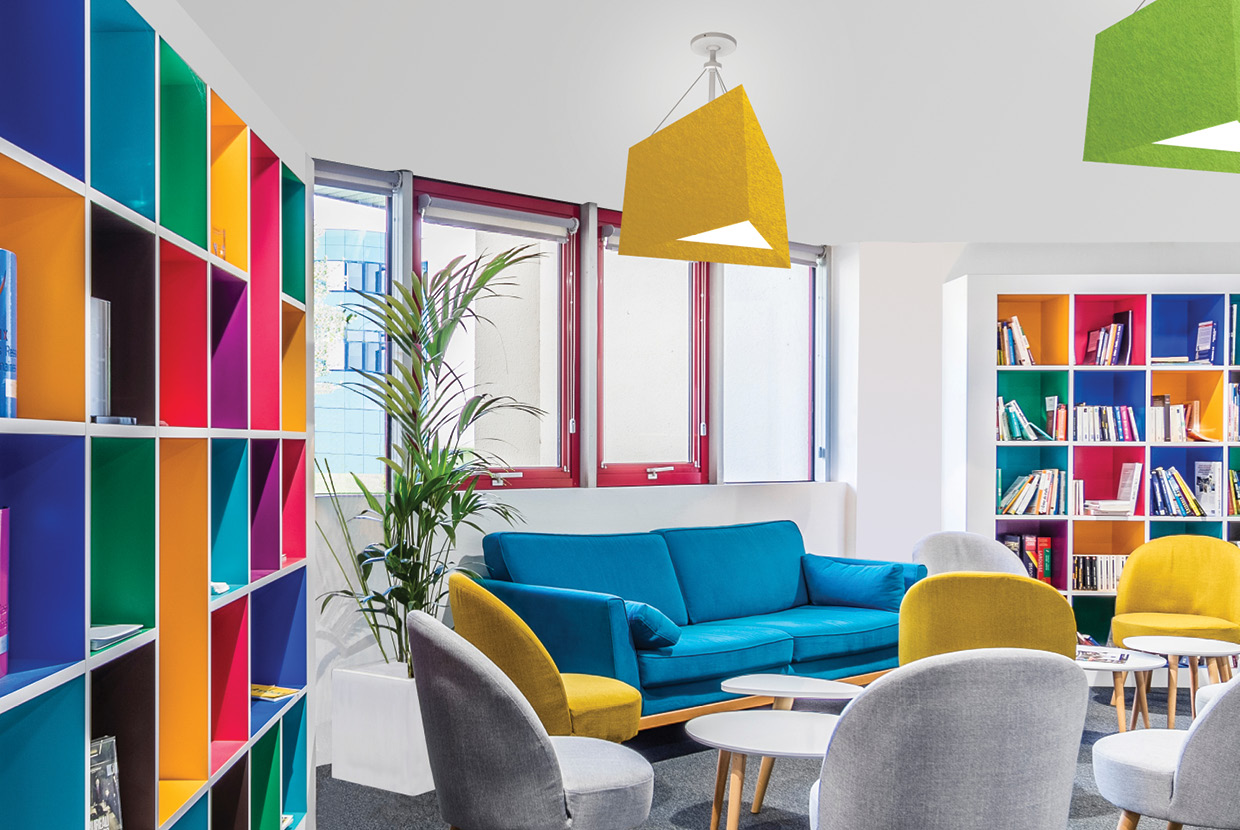 Library with acoustic lighting yellow triangle. 