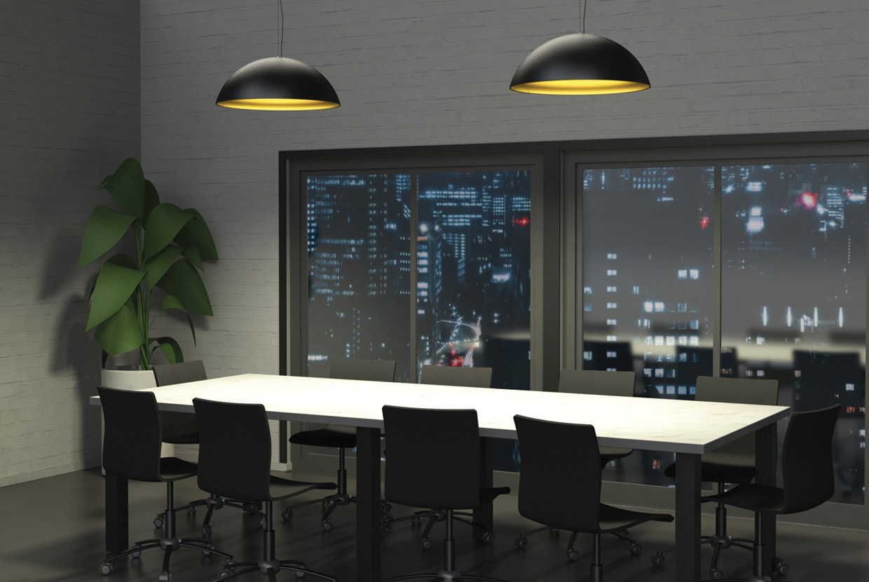 Two black and gold Hellen dome pendant lights hung over modern corporate conference table. 