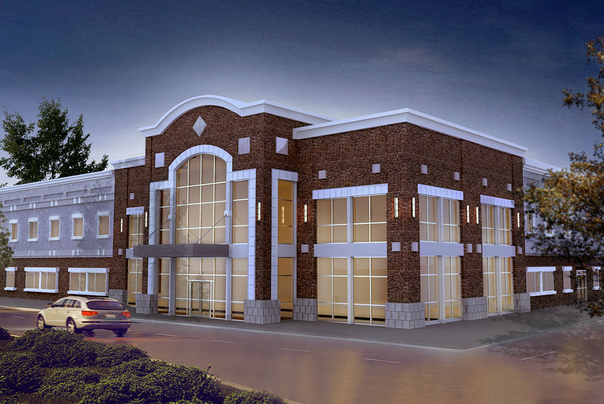 Image Lights on the outside of a large brick building at night