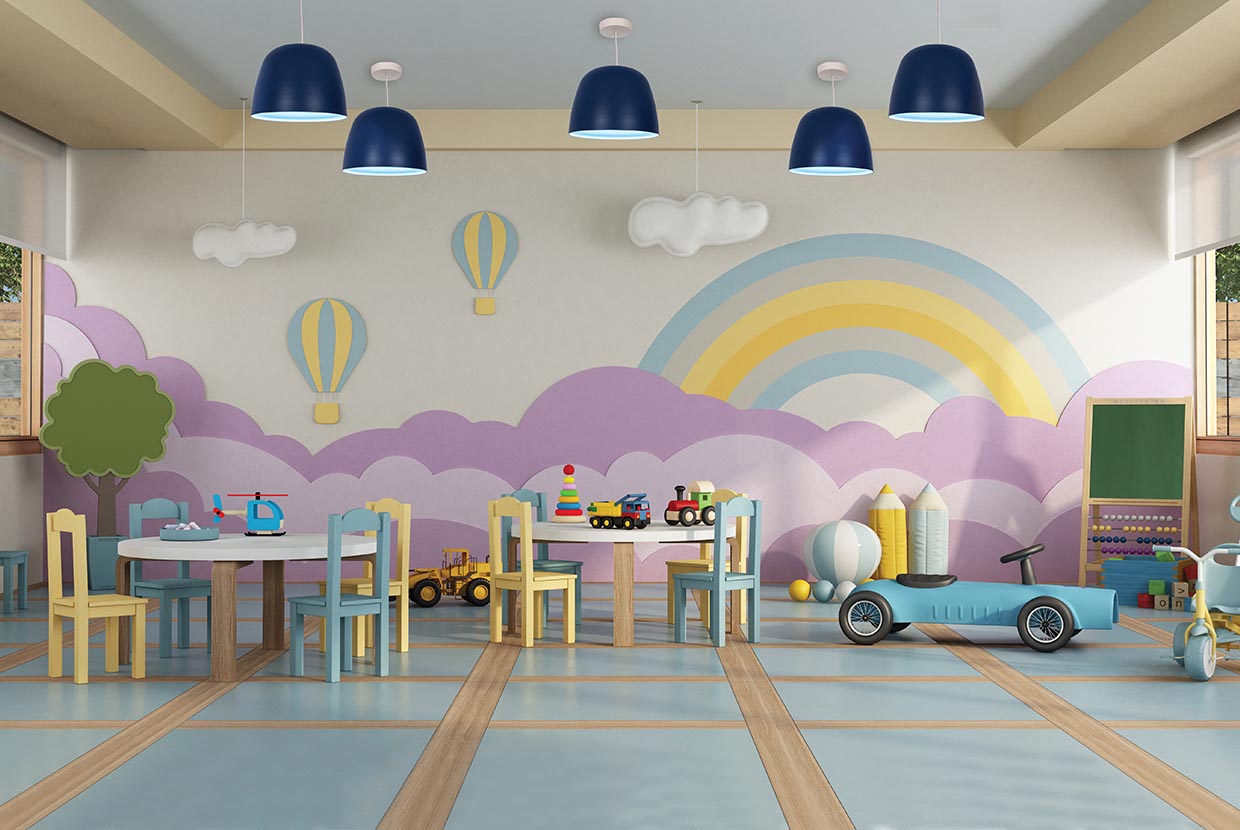 Colorful pendant lighting in a preschool or kindergarten classroom