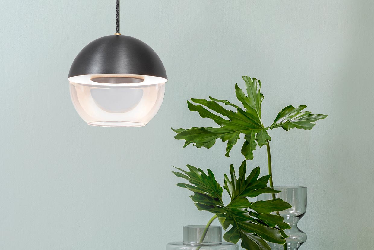 The 8” Muse pendant light globe utilizes a source disk that floats while reflecting indirect light.