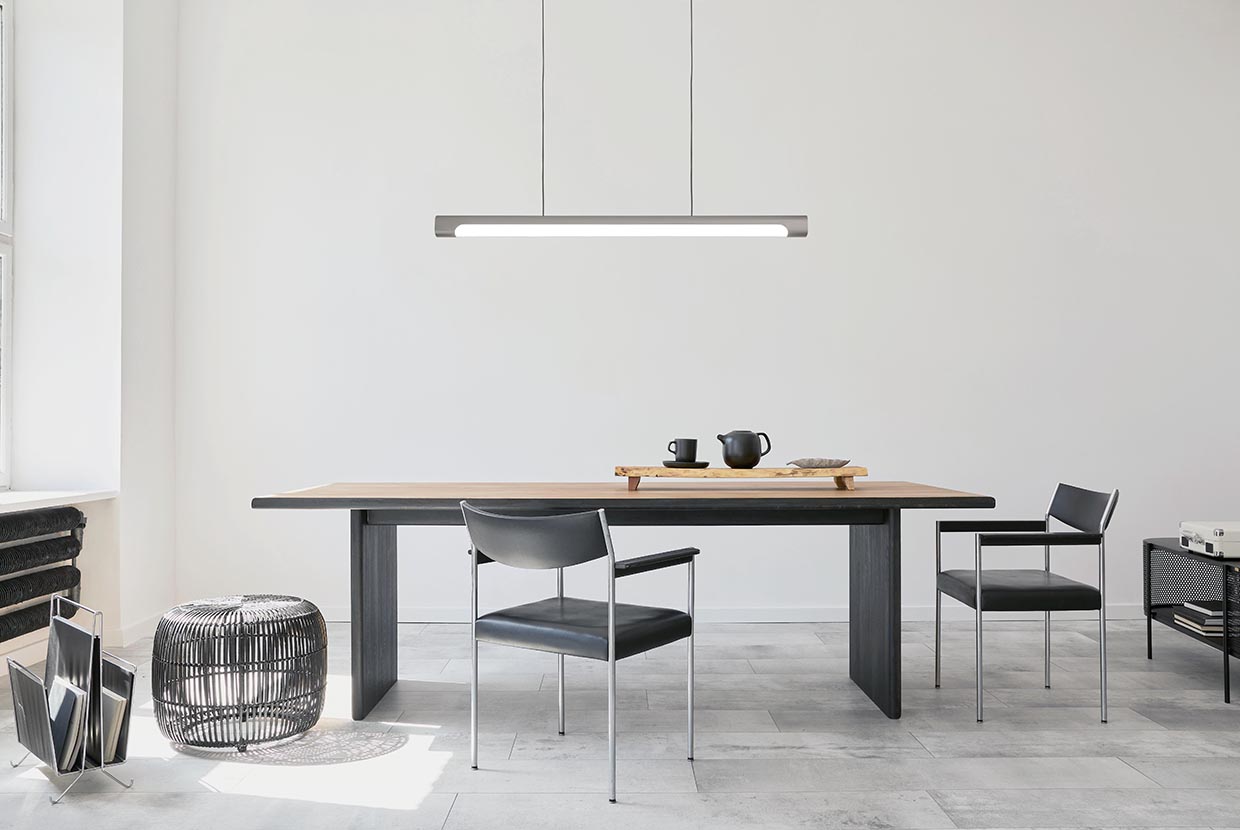 The sleek Nacelle linear pendant light fixture breaks out of the monotony of most linear suspended lights, delivering softer lighting.