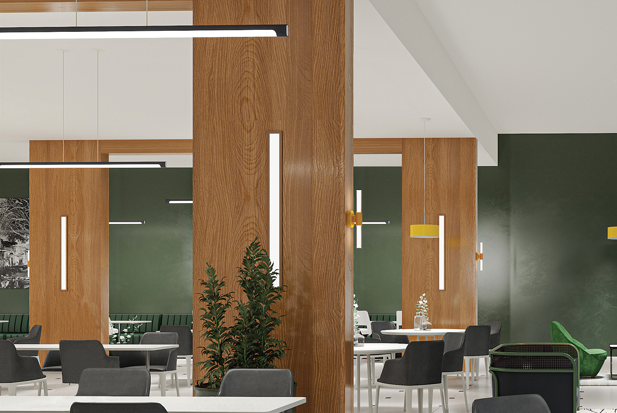 The sleek Nacelle linear pendant light fixture breaks out of the monotony of most linear suspended lights, delivering softer lighting in a restaurant setting..