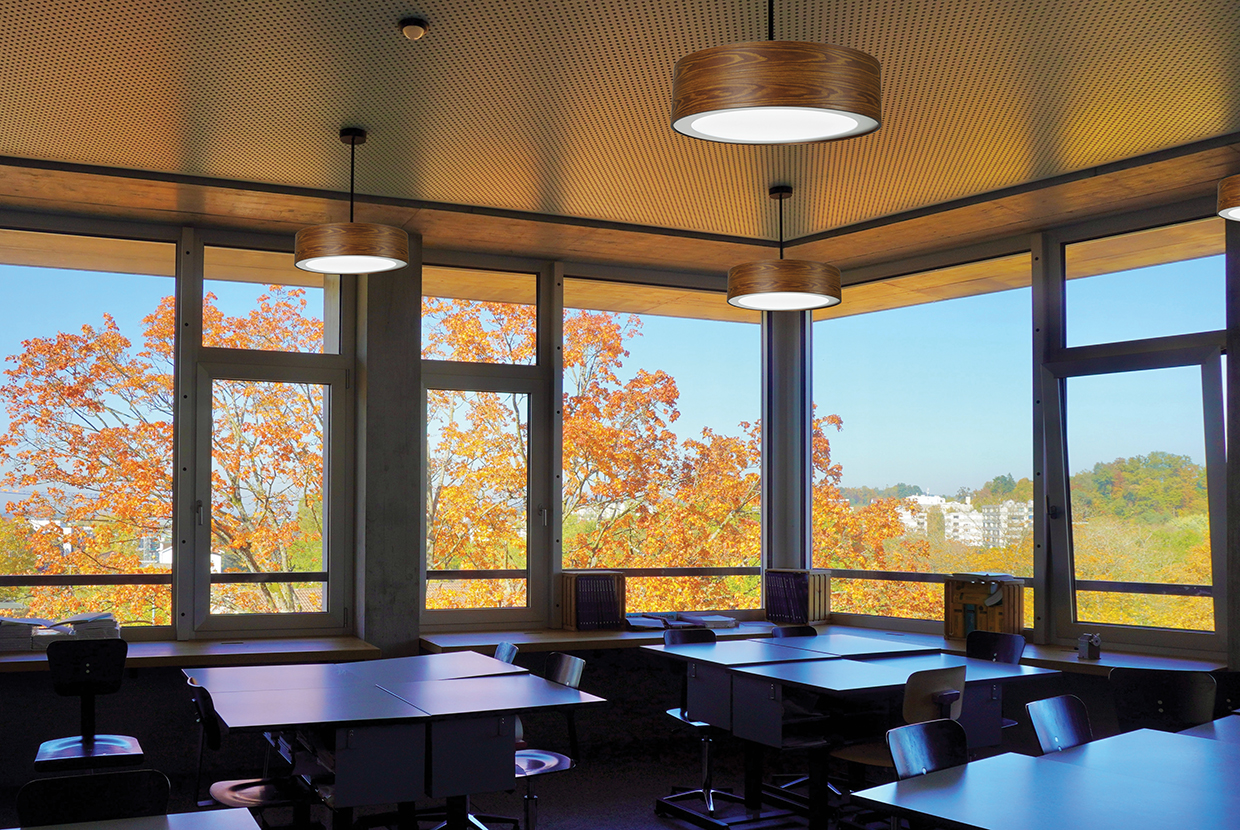 Omnience pendant lighting fixtures above desks in a classroom. 