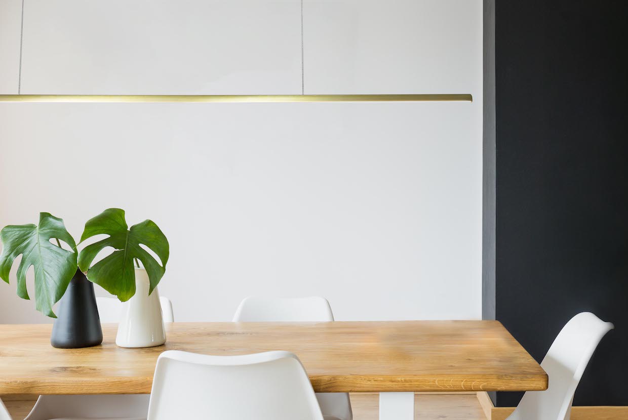 Rae Light Over Wood Table in a Room with Plants on top