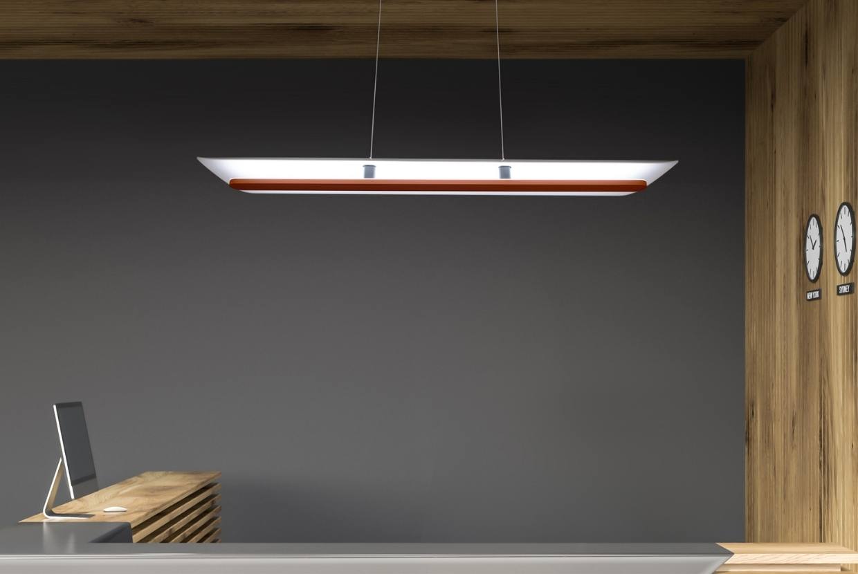 Modern linear pendant light hung over reception desk