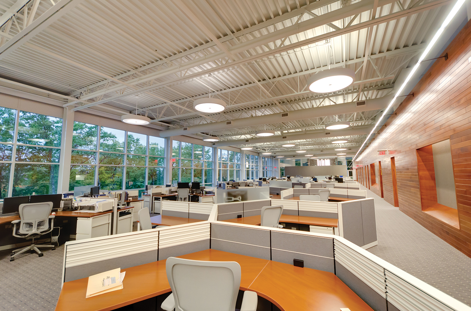 Advantus linear indirect wall mounted fixtures and Omnience pendants in a large office lighting application.