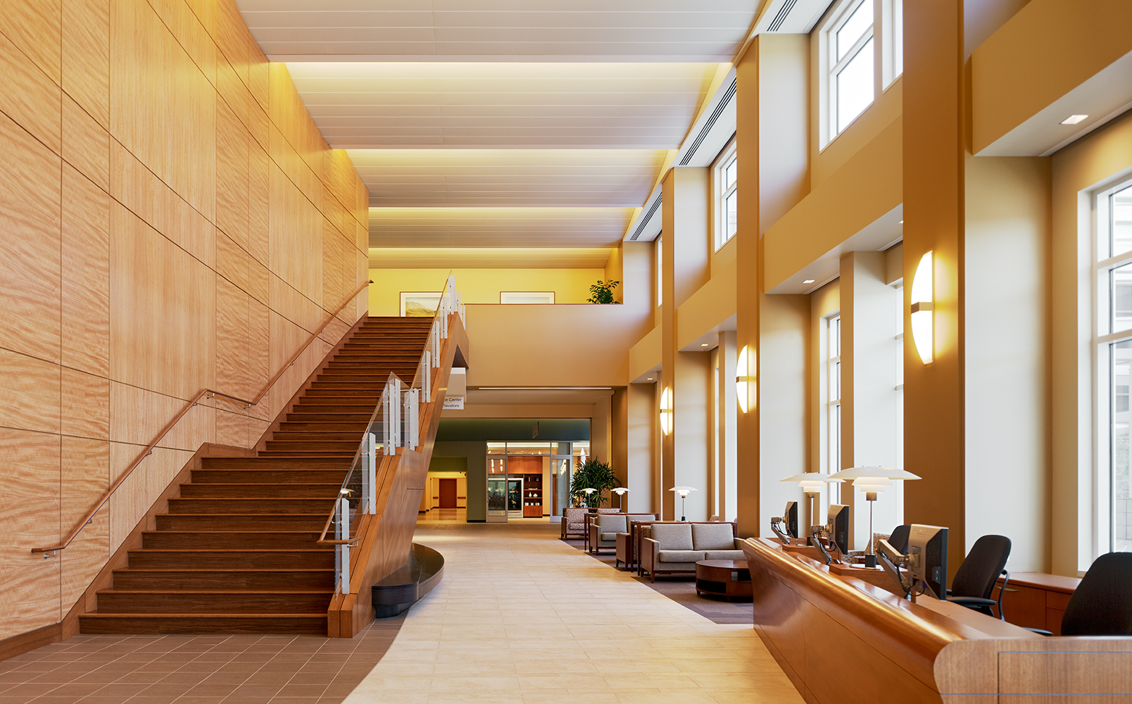 Bowe linear wall sconces in a hospital lighting application along the windows in a waiting area.