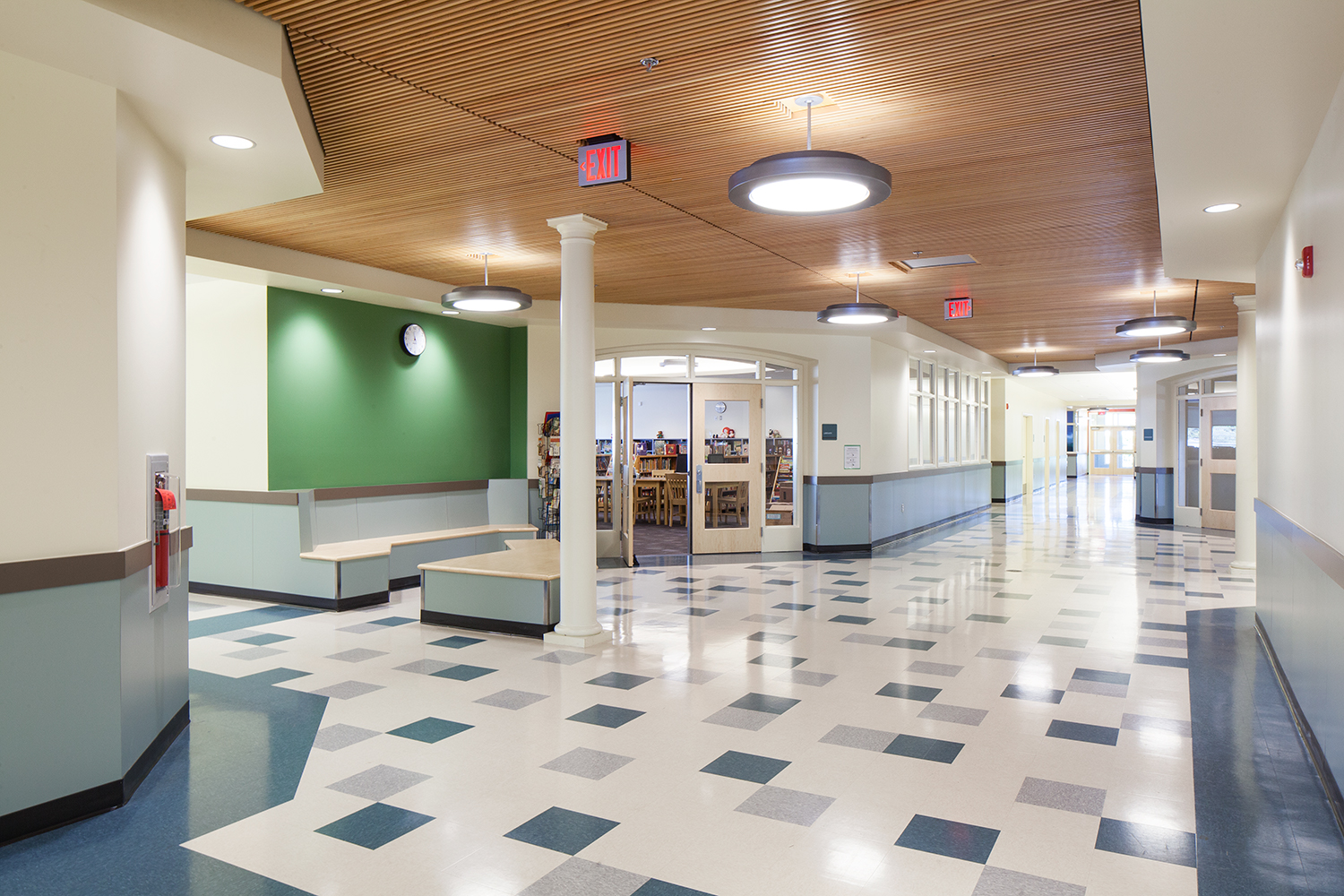 Broadway pendants are good for education lighting, mounted in a school hallway.