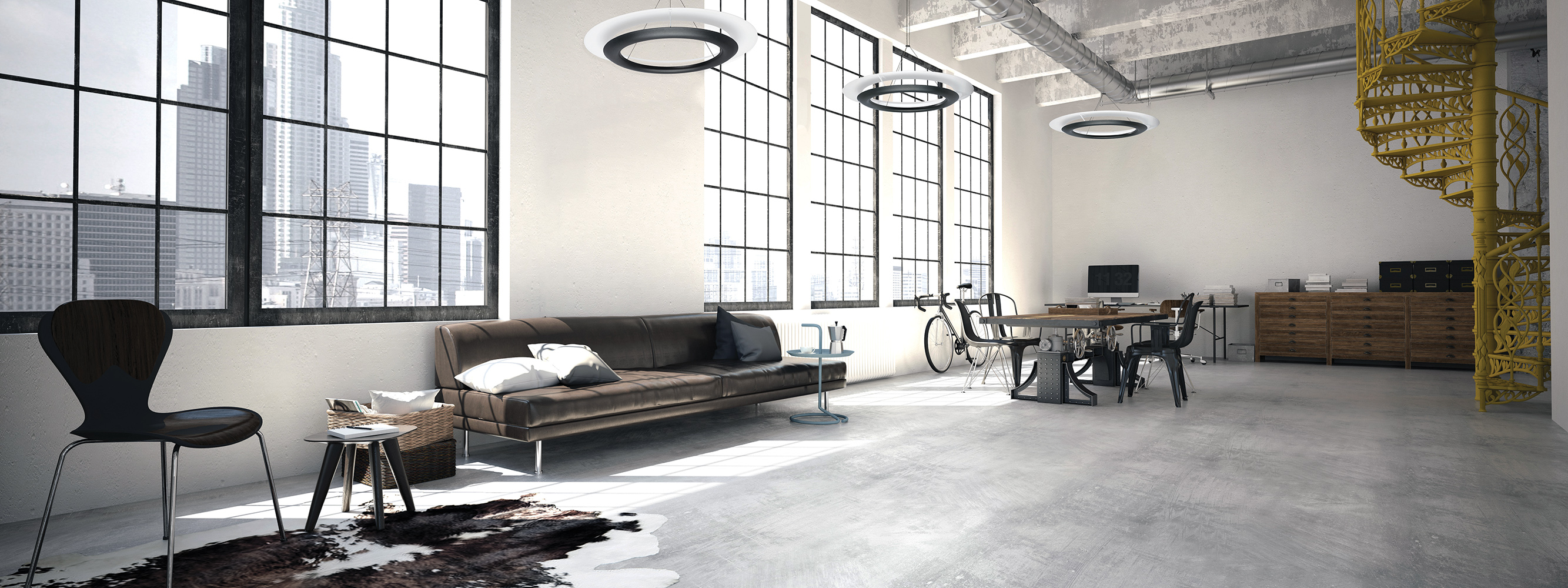 Ultra-modern Cosmo pendants in a sleek apartment lighting design along large windows and a clean loft space