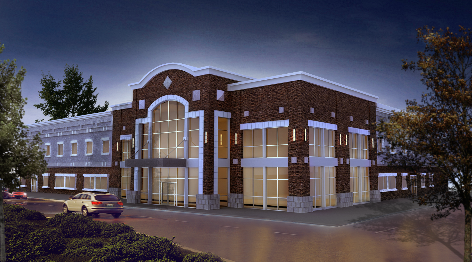 Image exterior lighting fixtures illuminate a building structure in rainy twilight.