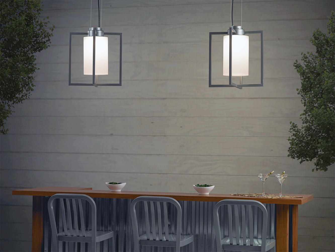 Laterna outdoor light fixtures mounted above an outdoor dining area.