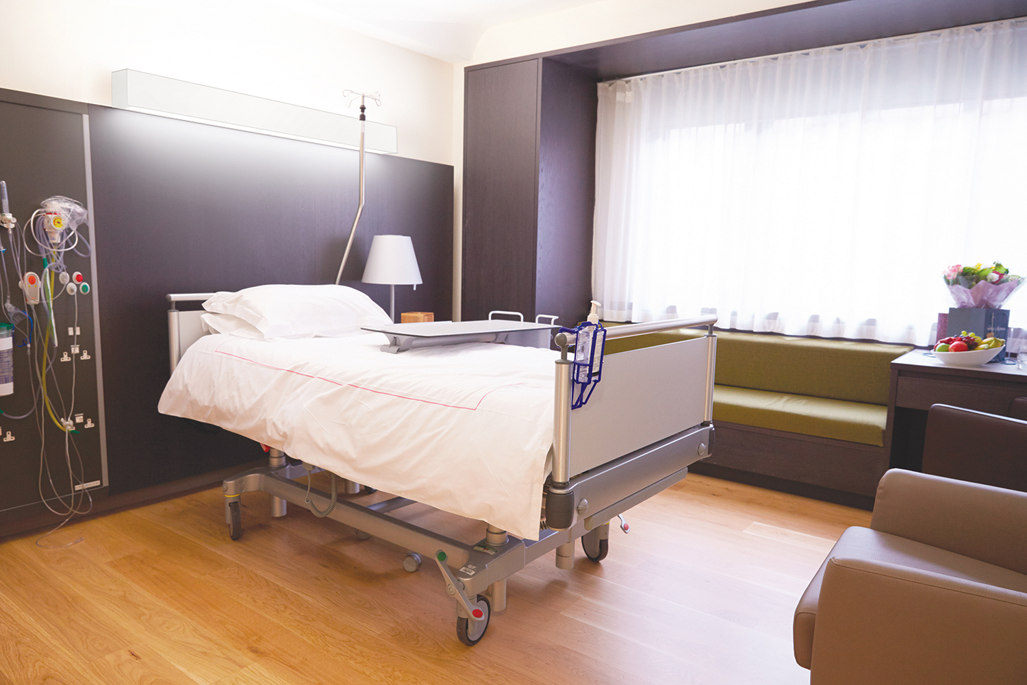 Linear Art Sconce as patient room lighting, mounted horizontally on a purple headwall behind the patient bed.