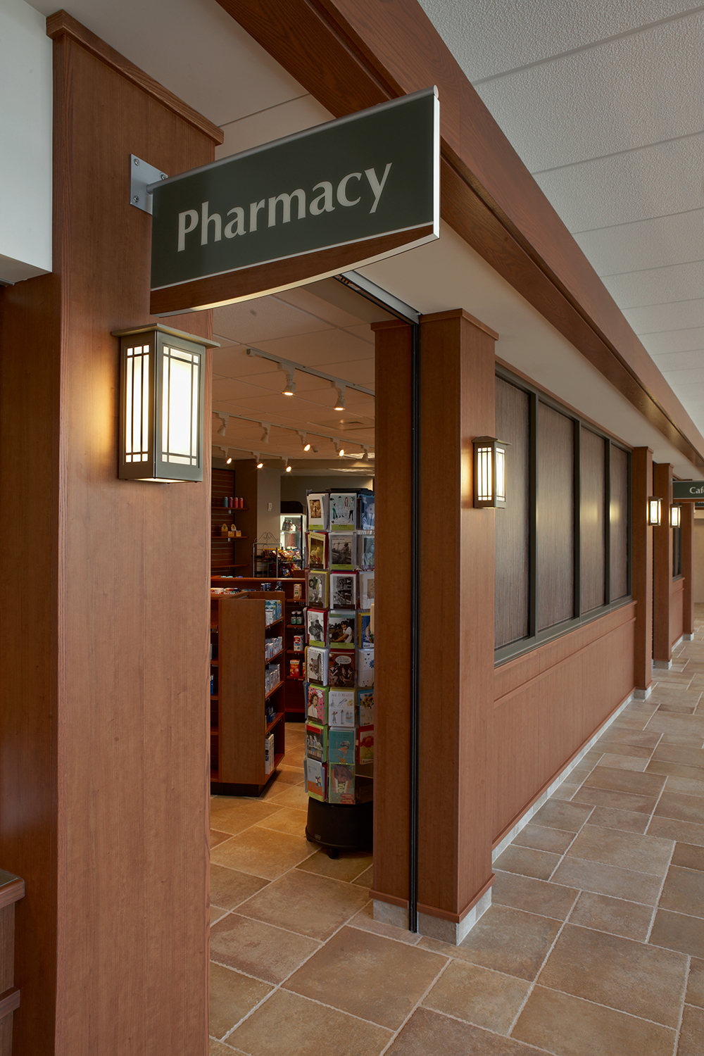 Midland Crafts sconces are perfect for this hospital lighting design, illuminating the hospital's pharmacy entrance.