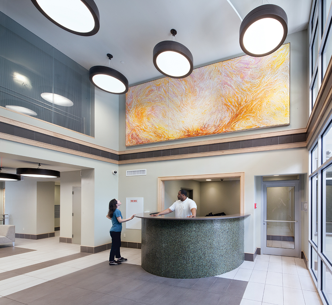 Omnience makes great lobby lighting above a large reception area.