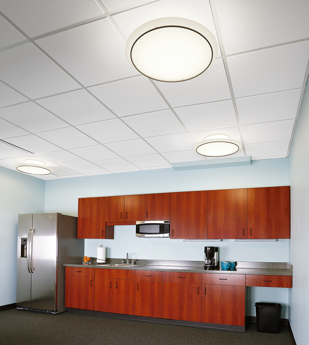 Ovation ceiling mounted elliptical luminaires in a modern office lighting a kitchen with red cabinets.