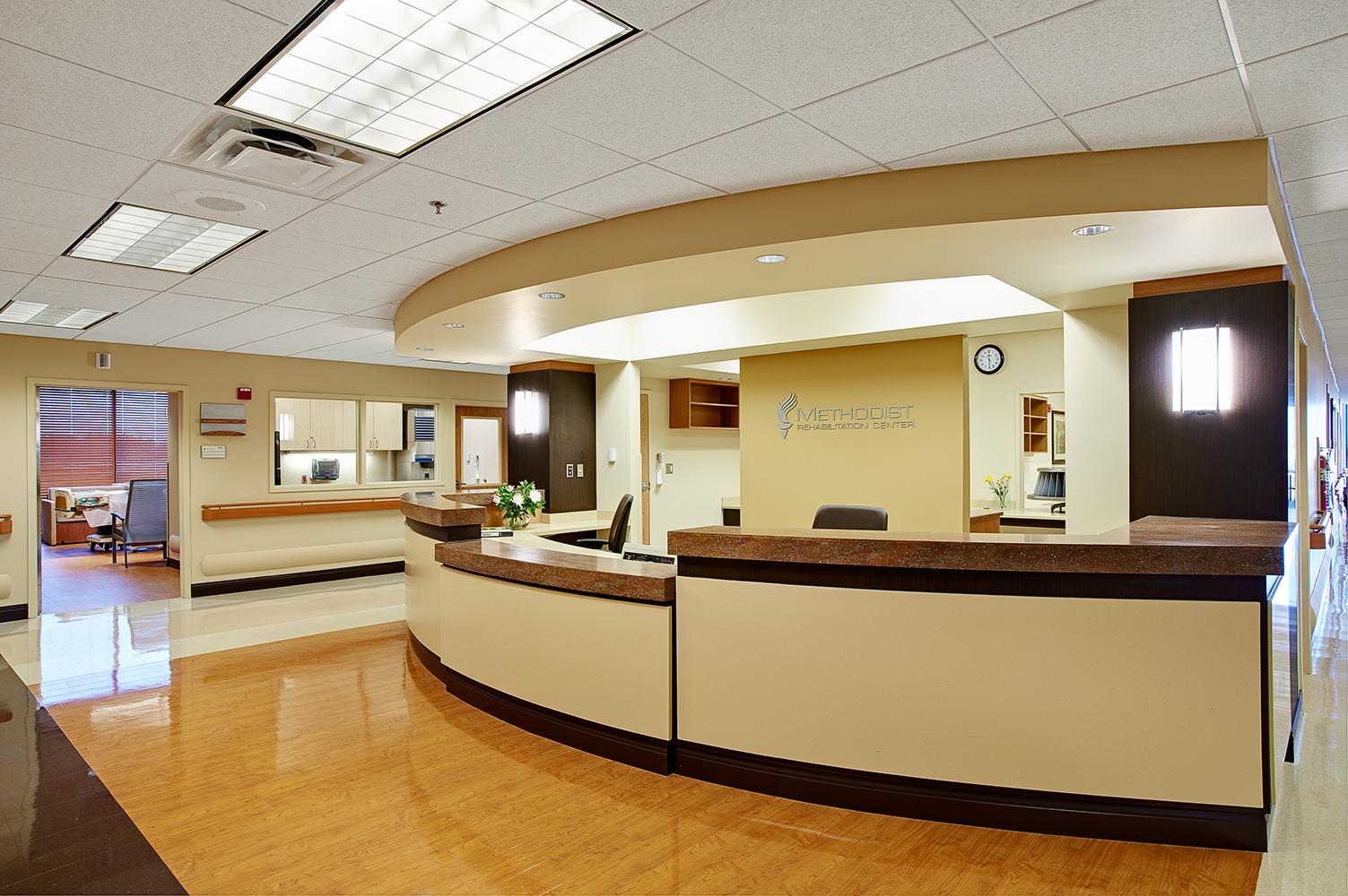Select sconces provide stylish hospital lighting in a modern nurse's station.